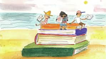  children reading on a top of a giant book on the beach